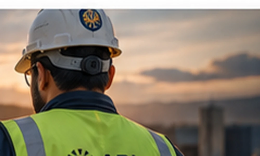 Imagen ilustrativa de un trabajador con equipo de protección frente a una obra industrial